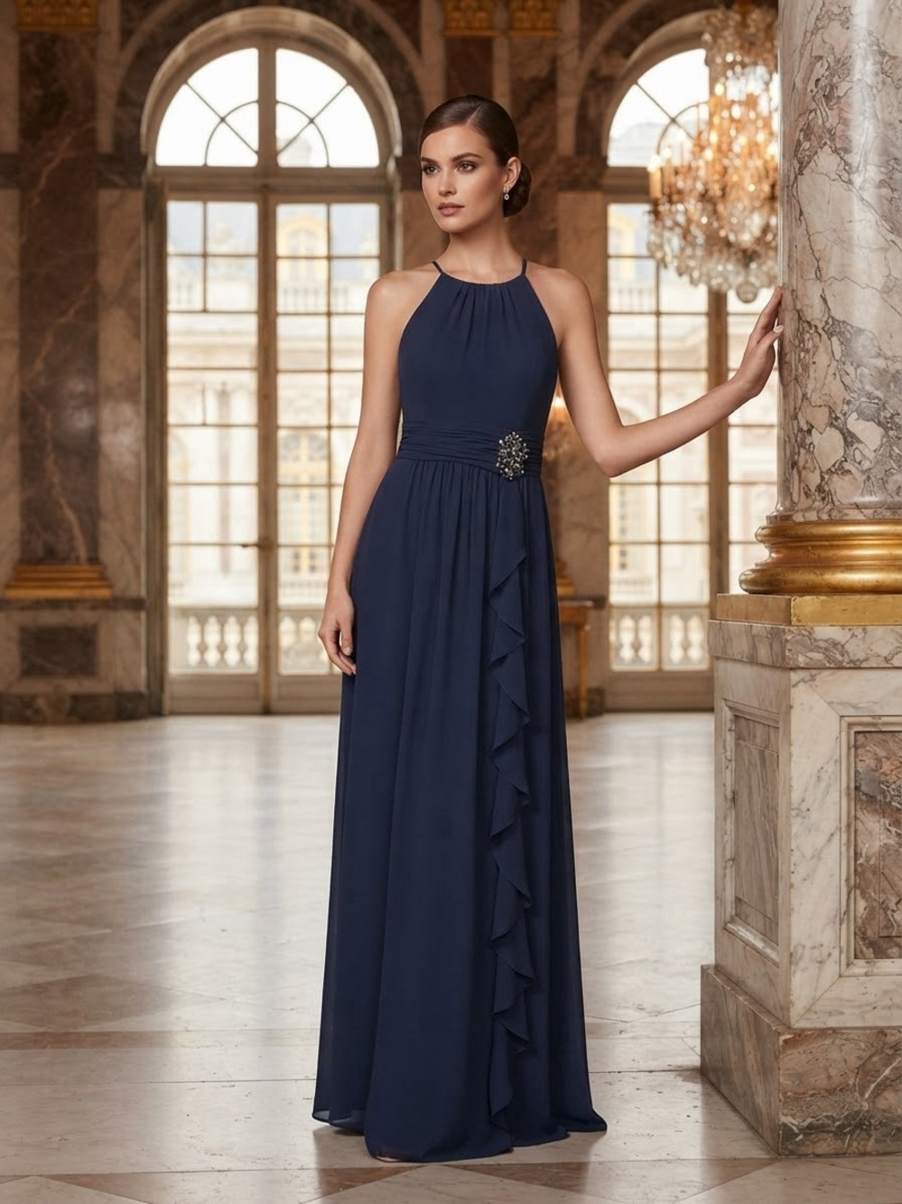 Nine West Navy Halter Maxi Dress with Side Ruffle and Embellished Waist